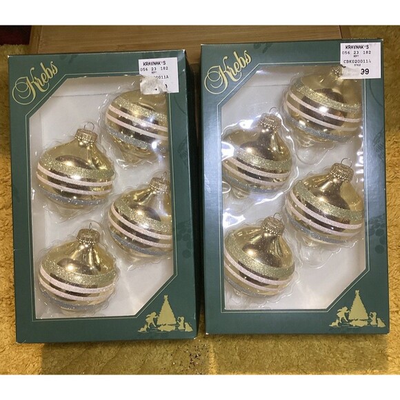 KREBS Glass Christmas Ornaments Tiffany Chiffon Balls Glitter Stripes 2 Boxes - Picture 1 of 9